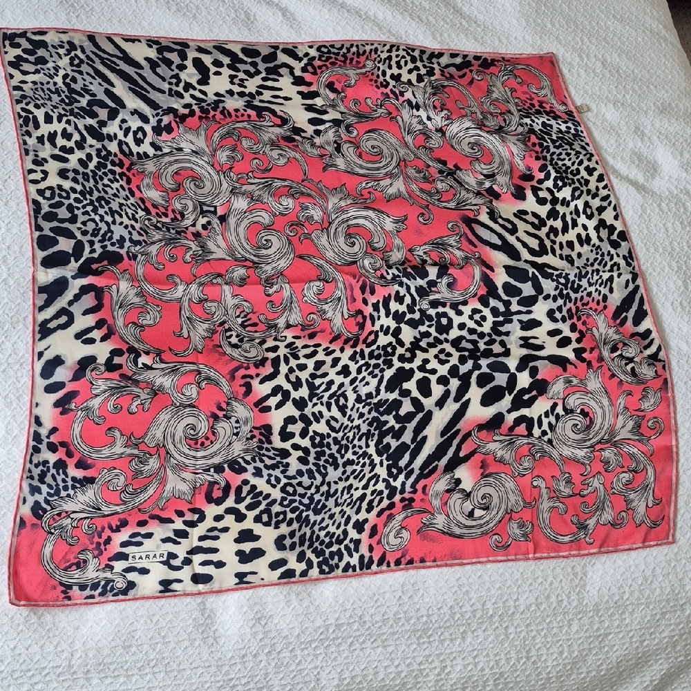 Sara Coral Pink and Black Leopard Scroll Silk Scarf
